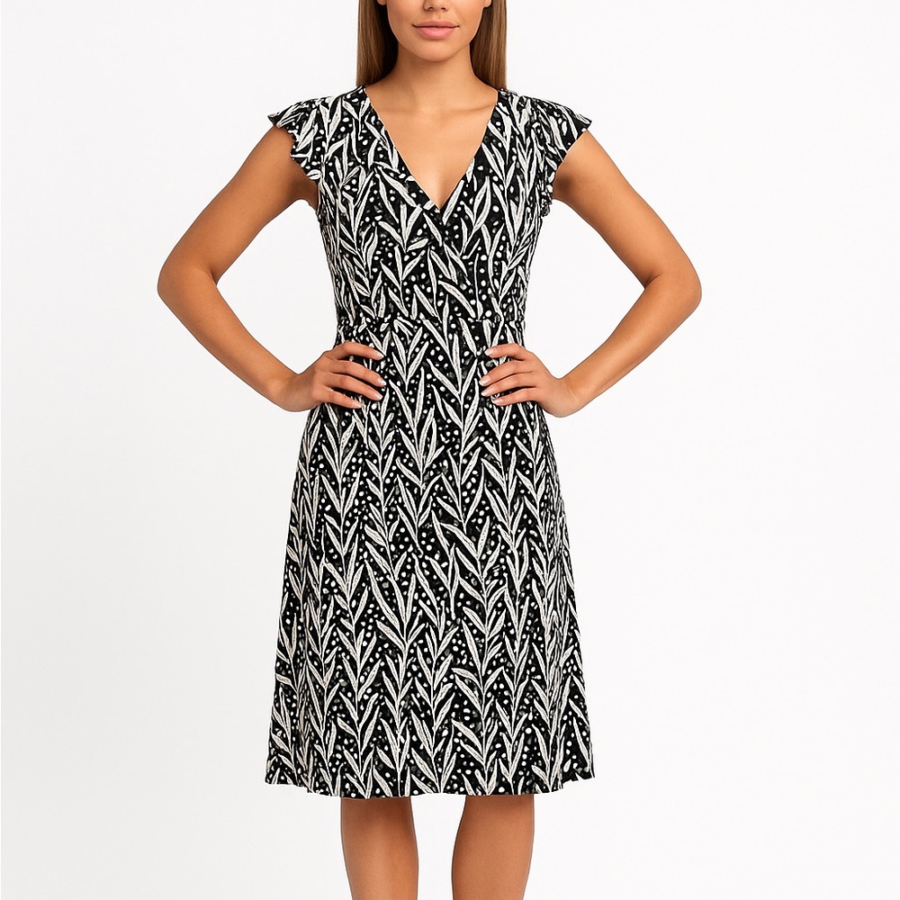London Times Leaf Print V-Neck Midi Dress Black White Size 0 New with tags